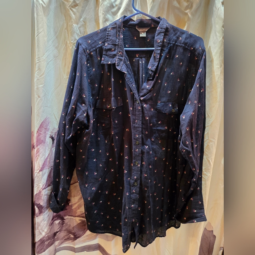 Eddie Bauer semi sheer cotton packable flower button up blue purple 2xl